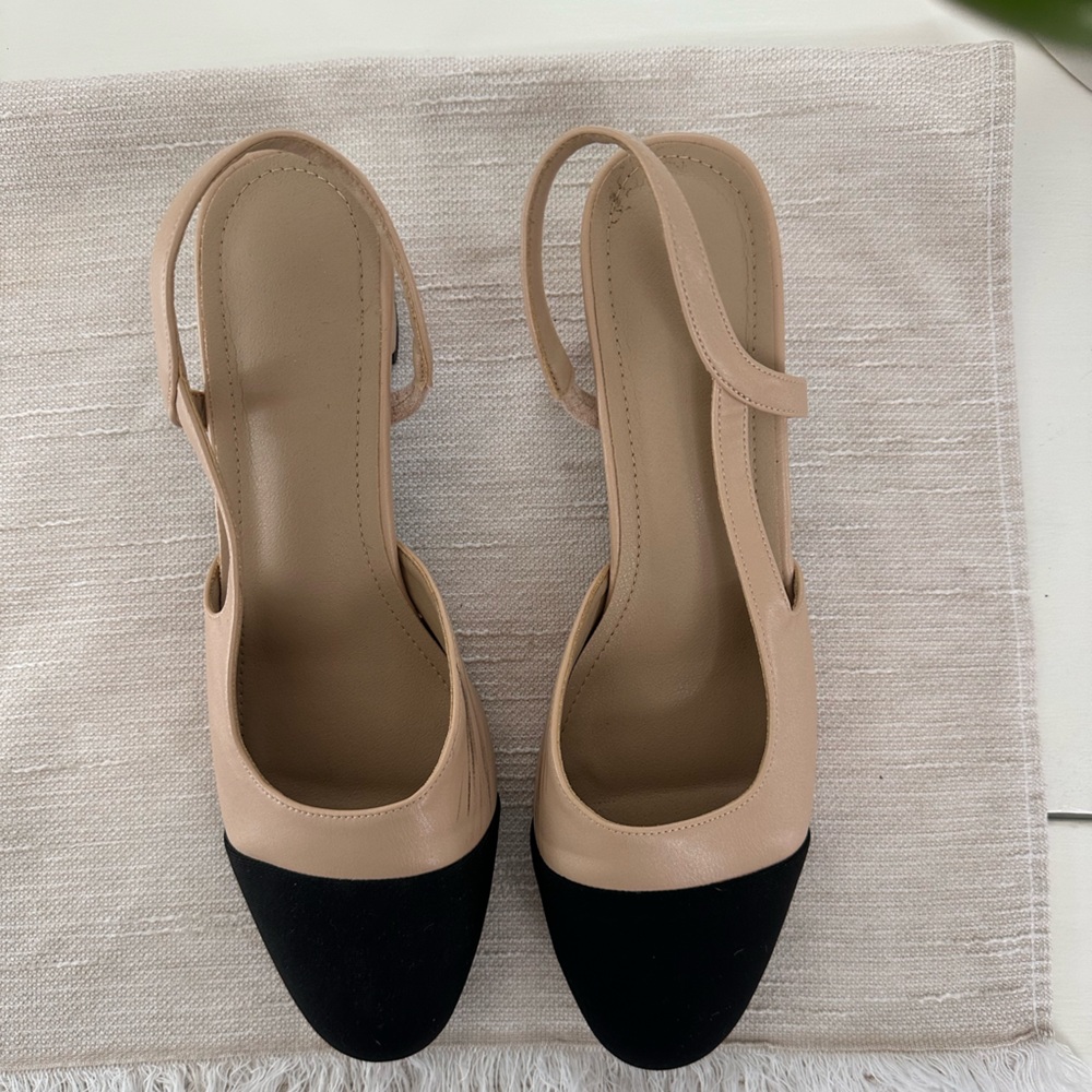 Amazon Black and Tan Cap Toe Heels with Slingback Design